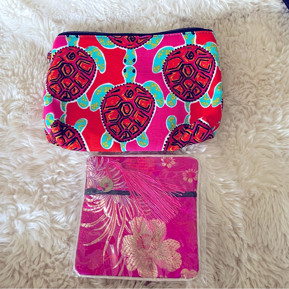 Cute turtle zip bag and lucky coin silk pouch set